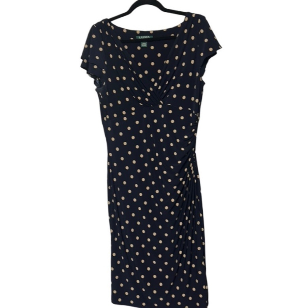 Ralph Lauren LAUREN Flutter Sleeve Sheath Dress Black & Tan Polka Dots Size 12